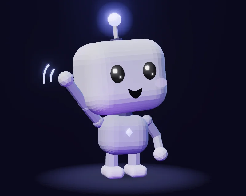 A small white robot with a glowing antenna waving hello